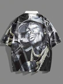 Manfinity VCAY Men's Digital Print Loose Knit Polo Shirt - Black and White - View 2