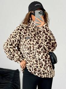 SHEIN EZwear 女士新款秋冬高领豹纹超大泰迪熊图案运动衫 - 杏色 - 查看 3