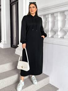 SHEIN Essnce 大码女装秋冬休闲时尚宽松基本款长袖黑色连帽毛衣口袋长裙，保守连衣裙，秋季女装，冬季女装 - 黑色 - 查看 1