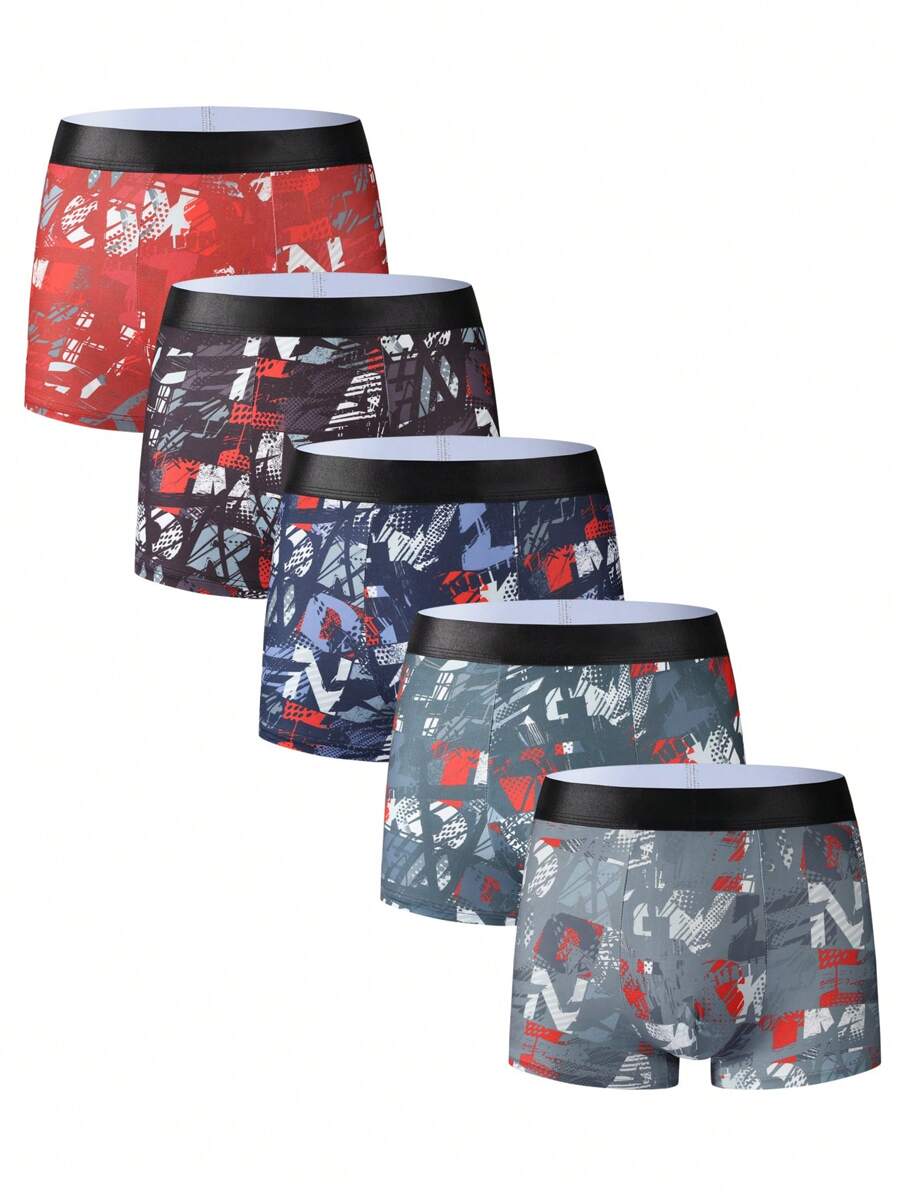 5pcs Pack Men's Colorblock Geometric Print Casual Boxer Briefs
