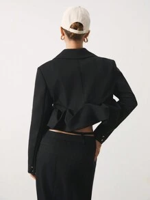 SHEIN Unity 女式纯色缺口领长袖短款休闲工作夹克，秋季 - 黑色 - 查看 4