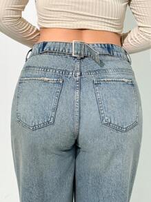EURMUSE Plus Mid Waist Belt Detailed Straight Jean - Medium Wash - View 2