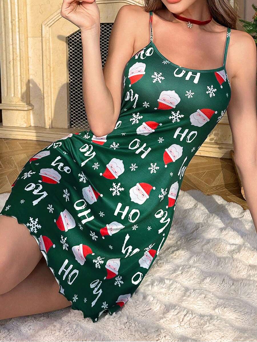 Shein CoupledUp Women Christmas Santa Claus & Snowflake Print Slip