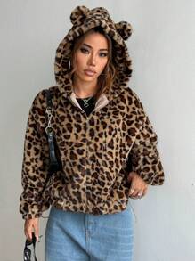 SHEIN Unity Women's Autumn/Winter Fashion Leopard Print Fleece Hoodie - Khaki - View 1