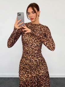 Aloruh Women's Sexy Fashionable Leopard Print Turtleneck Ruched Detail Asymmetrical Hem Dress Leopard Costume Long Sleeve Dress