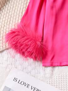 SHEIN 2st/set Ung flicka Elegant långärmad skjorta i satintyg med fluffig manschett och fluffiga byxor, lämplig för vår, höst och vinter - Skrikrosa - Visa 3