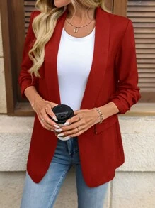 SHEIN LUNE 女士经典披肩领褶皱七分袖西装外套，适合秋冬季日常通勤，休闲百搭 - 酒紅色 - 查看 4