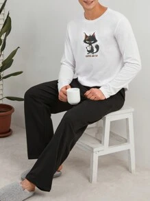 EURMUSE Men Cat Printed Regular Longsleeve Homewear Set - Black and White - View 1