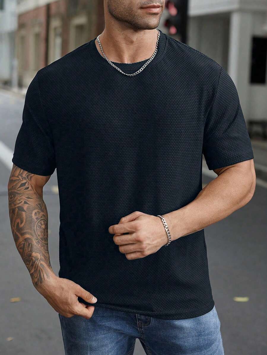 Manfinity Homme 男式大码休闲纯色圆领短袖 T 恤，夏季 - 藏蓝色 - 查看 1
