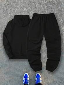 Teenage Boys Hooded Sweatshirt Set Graffiti Bear Street Style Comfortable Graphic Print Hoodie - Black - View 2