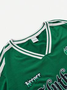 HARRY POTTER X SHEIN 大码女式休闲蛇纹与字母印花撞色条纹边饰宽松短袖 T 恤，夏季