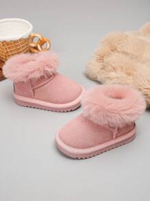 1 双女婴蓬松毛绒保暖平底防滑雪地靴，适合秋冬季日常外出和户外活动 - 粉色 - 查看 3
