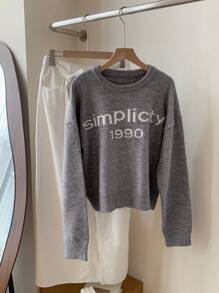 Dazy-Less 1 件女士休闲字母图案落肩宽松套头毛衣，不含衬衫，秋季服装