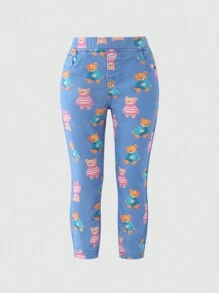 SHEIN Young Girls' Adorable Bear Print Elastic Waist Pocket Sweet Style Jeans