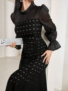 Modelyn Fitted Mermaid Hem Mesh Splice Long Sleeve Midi Dress For Women Maxi Women Outfit Long Evening Dresses