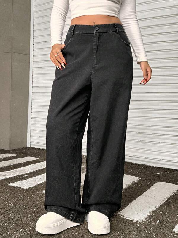 SHEIN EZwear Plus Size Black Distressed Wide-Leg Pants