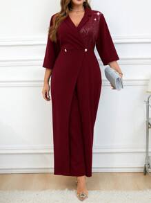 SHEIN Clasi Bộ đồ liền thân thanh lịch tay 3/4 có ve áo cổ vá sequin cỡ lớn cho nữ - Màu Đỏ Sâu - Xem 8