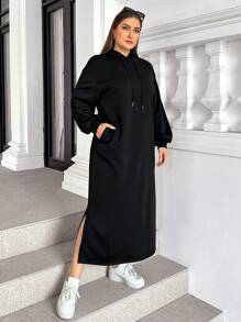 SHEIN Essnce 大码女装秋冬休闲时尚宽松基本款长袖黑色连帽毛衣口袋长裙，保守连衣裙，秋季女装，冬季女装 - 黑色 - 查看 4