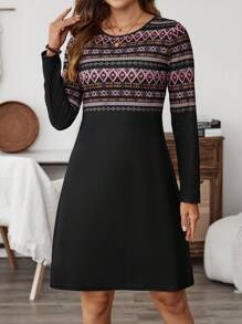 EMERY ROSE 女士休闲长袖拼布几何印花连衣裙，适合秋季 - 黑色 - 查看 3