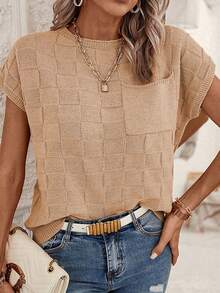 Casual Loose Solid Color Checkerboard Texture Batwing Sleeve Pocket Knitted Top