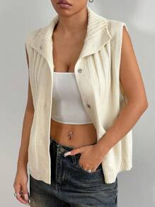 Flirla Women's Casual Solid Color Front Button Knitted Sweater Vest, Autumn/Winter - Apricot - View 4
