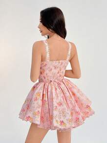 SHEIN PETITE Đầm xếp ly ngọt ngào phong cách cung điện lãng mạn, tay ngắn, ôm sát, họa tiết hoa nhỏ đơn giản và thanh lịch, thích hợp cho các bé gái - Hồng - Xem 5