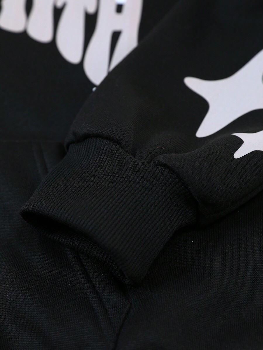 Tween Boy Casual Letter Print Hooded Zip Up Fleece Sweatshirt, Autumn