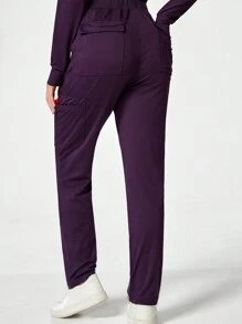 TaskEZ Solid Color Multi-Pocket Simple Casual Nursing Scrub Uniform Bottoms - Purple - View 2