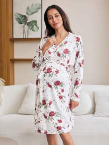 SHEIN Maternity Floral Dolman Sleeve Wrap Tie Front Nursing Dress For Pregnant Women, Autumn