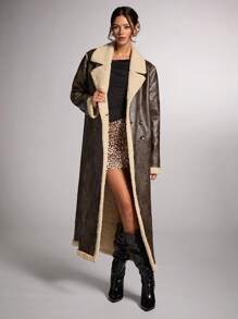 SHEIN BAE Áo khoác dài nữ dáng rộng cổ ve lật hai hàng cúc, lót bông mềm mại, thích hợp cho mùa thu đông, lễ Tạ ơn và các dịp công sở. - màu nâu - Xem 7