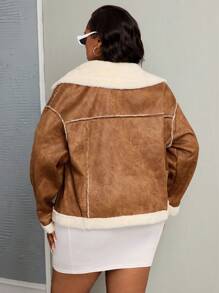 Slaydiva Plus Size Casual Double-Breasted Fluffy Jacket, Autumn/Winter - Coffee Brown - View 3