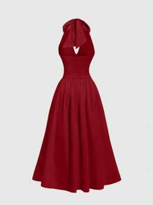 SHEIN MOD Women's Retro Lace Trim, Bow Back Tie, Ruched Detail Fitted Satin Halter Midi Dress,Sexy Dress,Prom Dress,Bridesmaid Dress,Homecoming Dresses,Semi Formal Dress