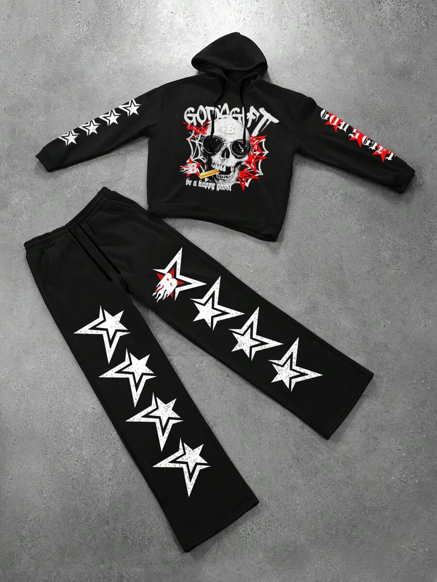 Manfinity EMRG Plus Size Men's Letter & Skull Graphic Drawstring Hooded Top And Sweatpants Set, Casual Autumn Outfit - Black - View 1