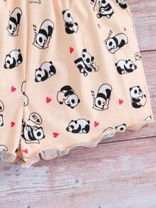 SHEIN Bộ đồ ngủ thường ngày hai mảnh in họa tiết hoạt hình dành cho bé gái tuổi mới lớn và quần short rộng - Màu be - Xem 5