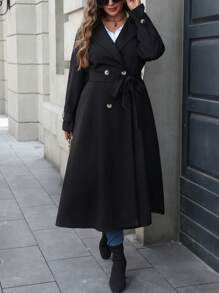 SHEIN LUNE 大码休闲翻领双排扣轻便风衣，适合秋季户外穿着 - 黑色 - 查看 3