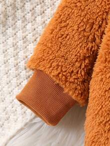 男婴可爱卡通 3D 熊刺绣棕色毛绒连体衣 - 棕色 - 查看 6