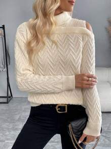 Chiquease 女士高领露肩套头毛衣，纯色，秋季针织套头衫，秋冬款 - 白色 - 查看 5