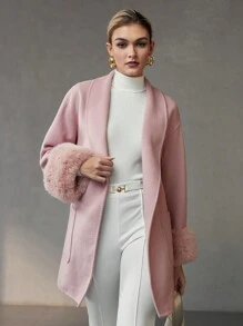 MOTF PREMIUM WOOL SHAWL COLLAR FLUFFY CUFF PATCH POCKET BELTED OVERCOAT - Baby Pink - View 7