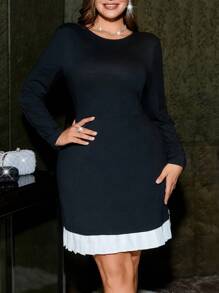 SHEIN Privé Plus Size Elegant Commute Workwear Chic High-End Venue Refined Afternoon Tea Mildly Sexy Dating Music Concert Party Autumn Winter New Vintage School Style Pleated Hem Monochrome Patchwork Round Neck Versatile Mini Short Dress