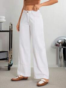 SHEIN Essnce 女式休闲撞色明线阔腿牛仔裤 - 白色 - 查看 1