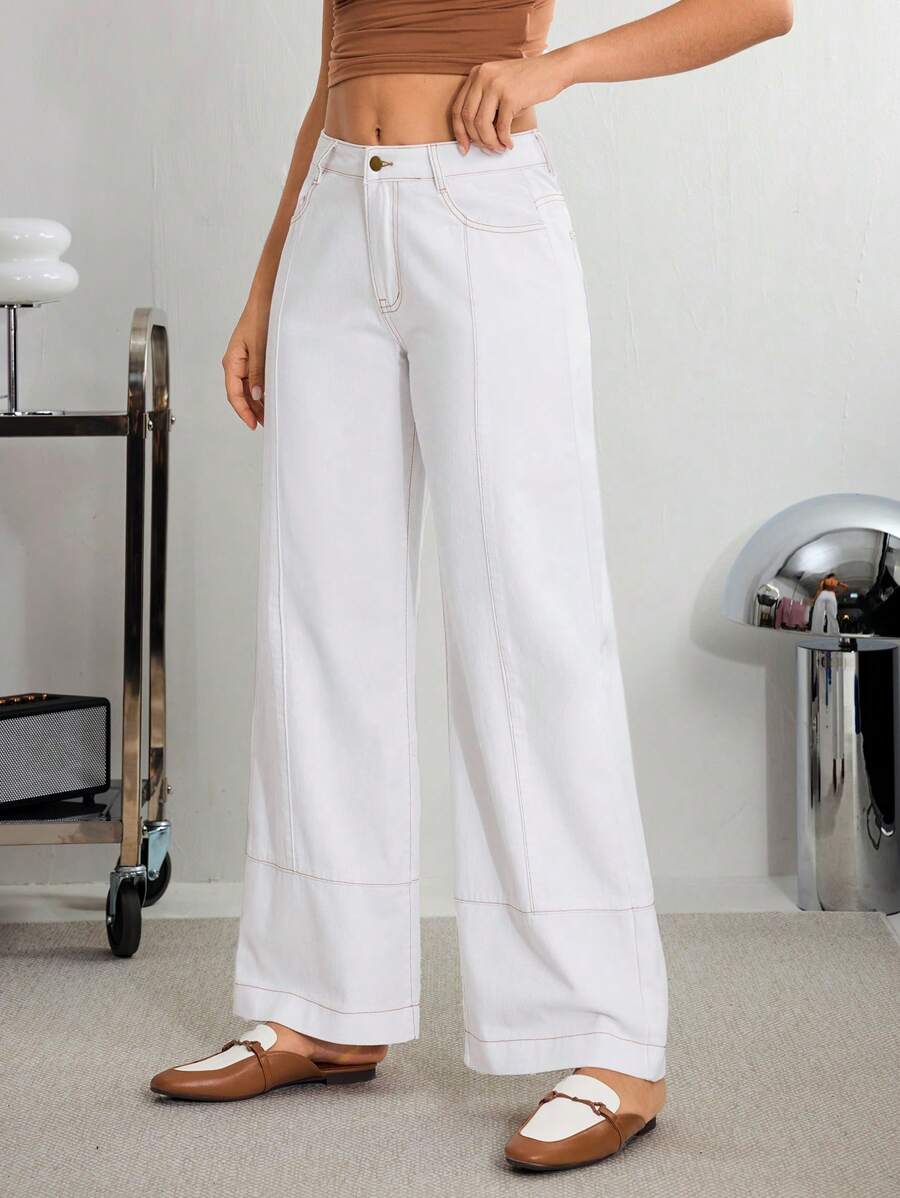 SHEIN Essnce 女式休闲撞色明线阔腿牛仔裤 - 白色 - 查看 1