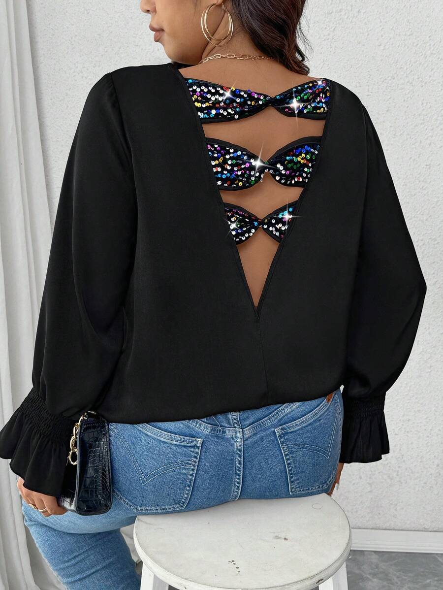 Calvaya 大码缎面面料衬衫，带亮片拼布、V 形后背镂空、3 层亮片蝴蝶结装饰和荷叶边袖口，适合外出、度假和聚会休闲穿着