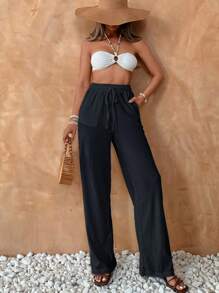 Pantalon De Lin Large À Jambe Large Pour Femme, Été De Couleur Solide Beige, Taille Haute Avec Cordon De Serrage