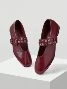 MOTF PREMIUM 女士新款法式复古高品质PU皮革石纹双排扣方头平底鞋，酒红色，百搭气质，优雅质感，轻便耐磨，舒适高级玛丽珍鞋 - 酒紅色 - 查看 4