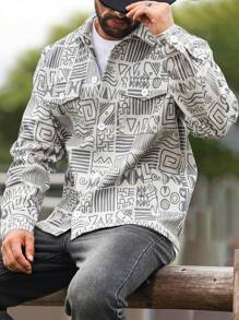 Manfinity Homme Áo khoác len họa tiết hình học thường ngày cho nam, mùa thu - Màu be - Xem 4