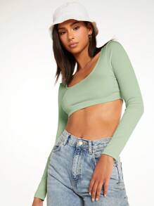 SHEIN BASICS 女士休闲纯色短款修身上衣 - 綠色 - 查看 5