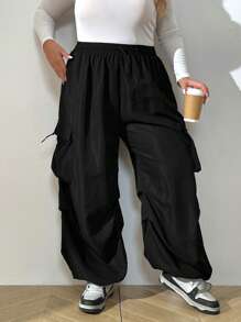 SHEIN CURVE+ Pantalones cargo de talla grande de unicolor casual con cordón en la cintura