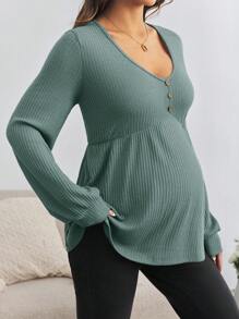 SHEIN Blusa de maternidad de manga larga, cuello en V, ajuste holgado con botones frontales