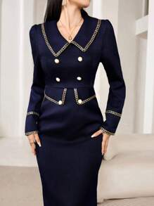 Modelyn 优雅浪漫长裙，时尚法式风格，适合秋季，女士商务服装长款女士服装长款晚礼服 - 藏蓝色 - 查看 1