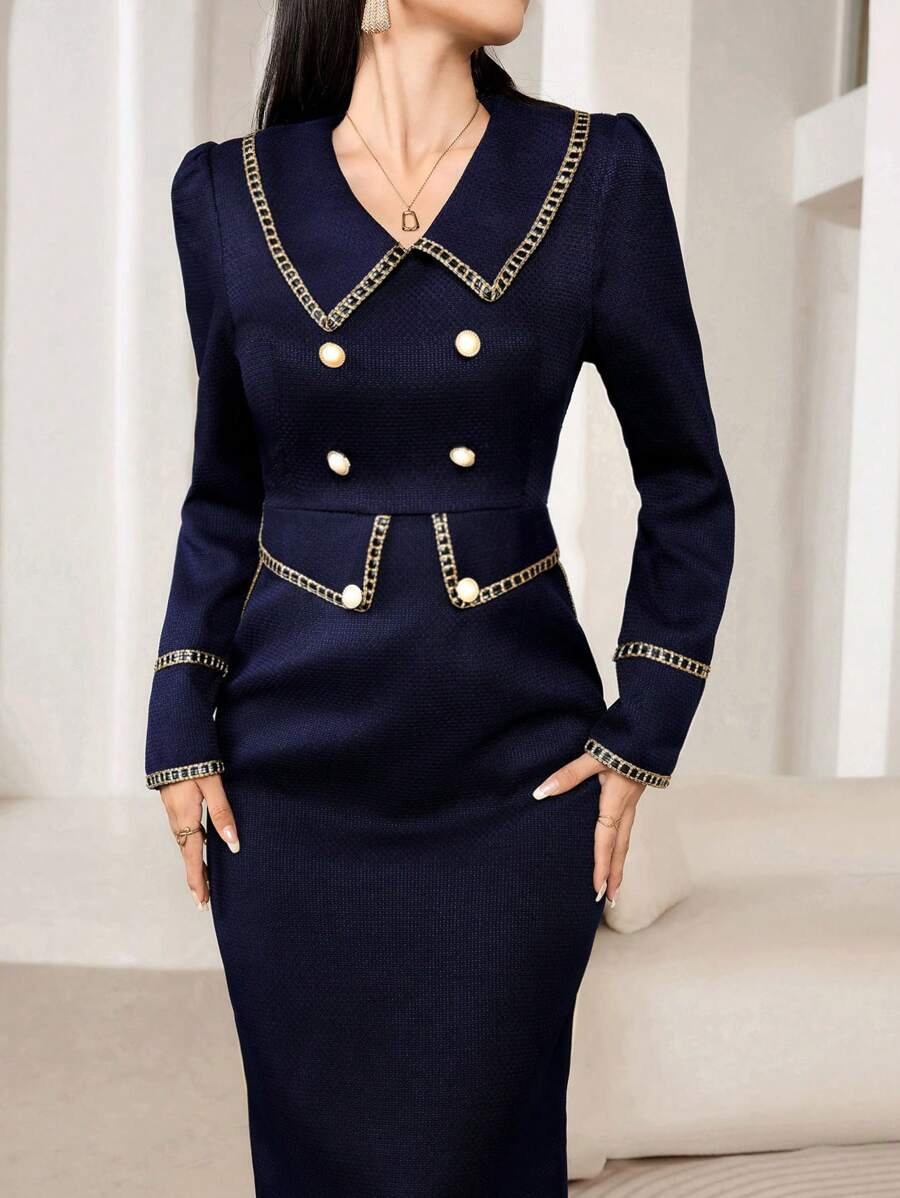 Modelyn 优雅浪漫长裙，时尚法式风格，适合秋季，女士商务服装长款女士服装长款晚礼服 - 藏蓝色 - 查看 1